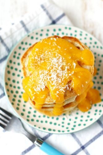 Vegan coconut pancakes with mango sauce