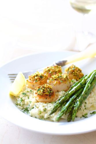 Pistachio encrusted sea scallops with Champagne risotto and roasted asparagus