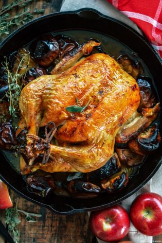 Cast Iron Roast chicken With Apple, Onion, and Sage