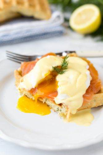 Smoked salmon eggs benedict with dill waffles