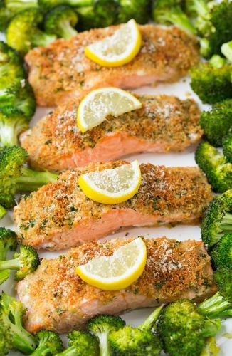 One Sheet Pan Parmesan Crusted Salmon with Roasted Broccoli