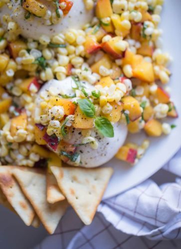 Corn Peach and Basil Burrata Salad