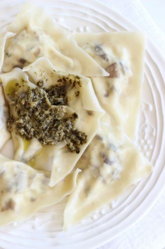 3-cheese mushroom ravioli with pesto sauce