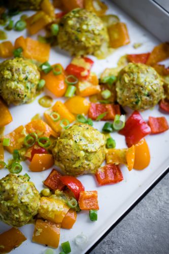 Sheet Pan Zucchini Chicken Meatballs with Coconut Curry Sauce