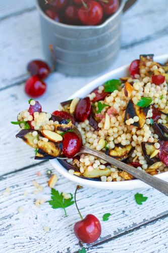 Grilled Eggplant Cherries and Couscous Salad