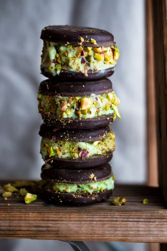 Pistachio Ice Cream Sandwiches with Thin Mint Cookies