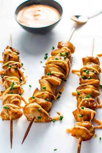 Teriyaki Chicken Kabobs with Sriracha Cream