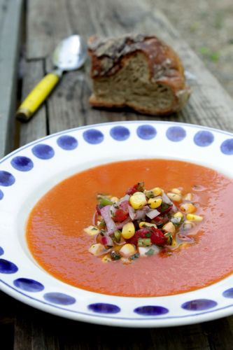 Roasted Tomato Soup with Corn Salsa