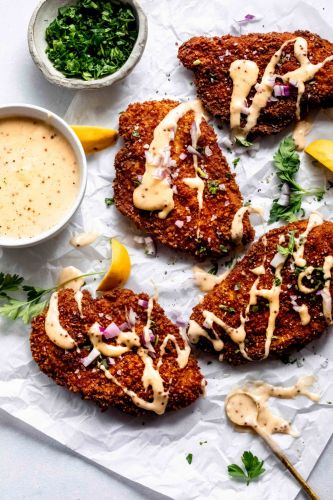 Pretzel-Crusted Chicken with Cheddar Mustard Sauce