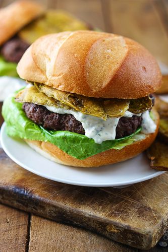 Greek Yogurt Ranch Burgers with Cajun Fried Pickles