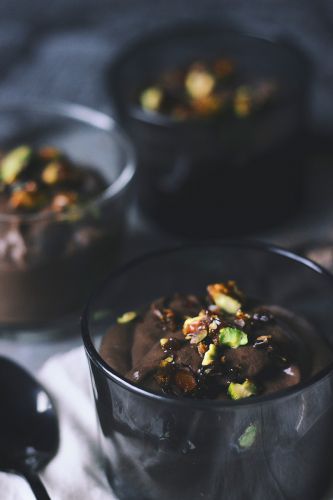 Mayan dark chocolate pudding with salted caramel pistachios