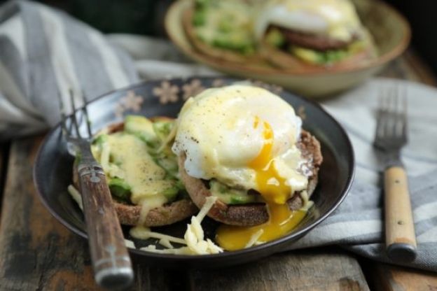 Avocado eggs benedict with white cheddar hollandaise