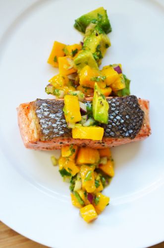 Mango and Avocado Salsa on Pan-Seared Salmon