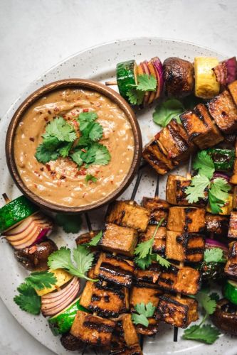 Grilled Tofu and Vegetable Kebabs with Peanut Sauce