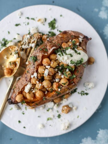 Slow Roasted Sweet Potatoes with Spicy Garlic Chickpeas and Blue Cheese Sauce