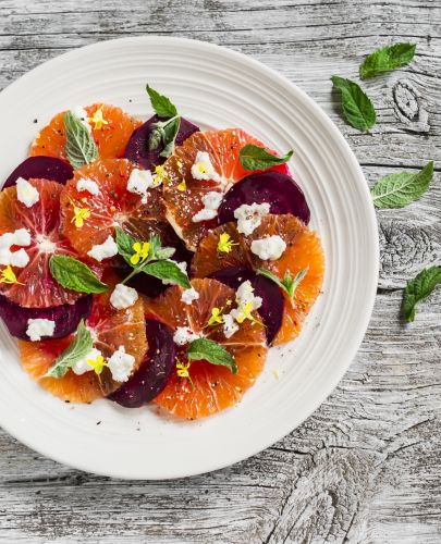 Layerd orange-beet salad with feta and mint