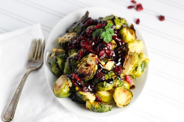 Roasted Brussels Sprouts with cranberries and balsamic reduction