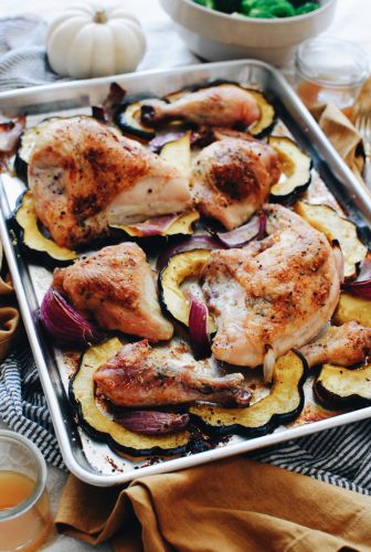 Sheet Pan Roasted Chicken with Wine Butter and Squash