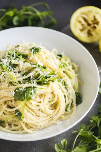 Simple Lemon Pasta With Parmesan and Pea Shoots