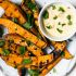 Sesame Garlic Grilled Sweet Potato Fries with Yogurt Curry Dip