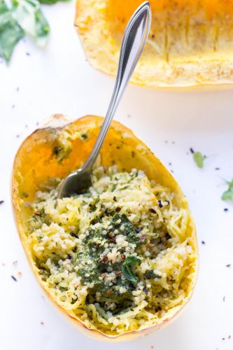 5-Ingredient Pesto Spaghetti Squash Boats