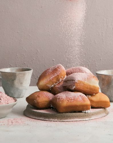 Overnight Beignets with Strawberry Powdered Sugar