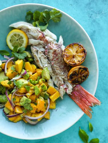 Grilled Branzino with Avocado Mango Salad