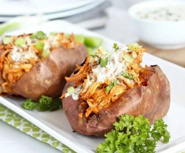 Buffalo Chicken Stuffed Sweet Potato