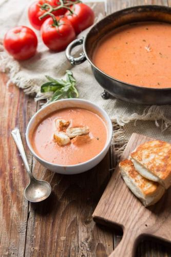 Roasted Tomato Basil Soup with Grilled Cheese Croutons