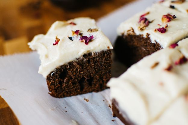 Rosewater Brownies with Cardamom Tahini Frosting