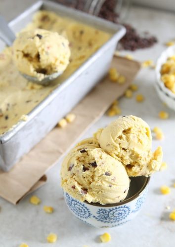 Sweet Corn Bacon Ice Cream with Cacao Nibs