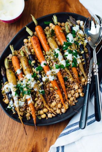 Roasted Carrots with Farro, Chickpeas & Herbed Creme Fraiche