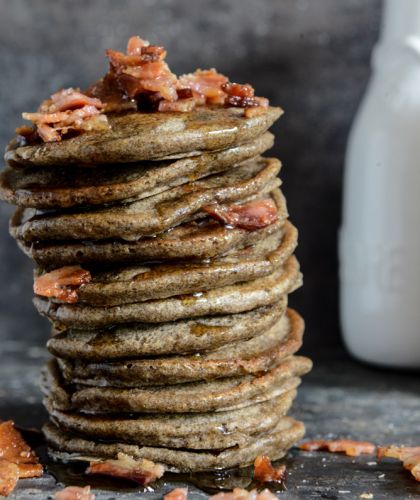 Mini Buckwheat Bacon Pancakes with Bourbon Syrup