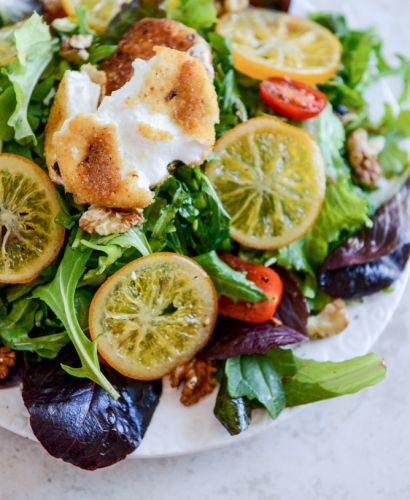 Spring Greens with Candied Meyer Lemons and Spicy Fried Goat Cheese