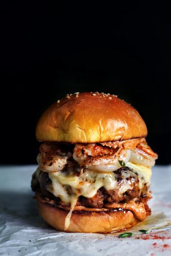 Mexican Chorizo Burger with Garlic Shrimp and Paprika Mayo