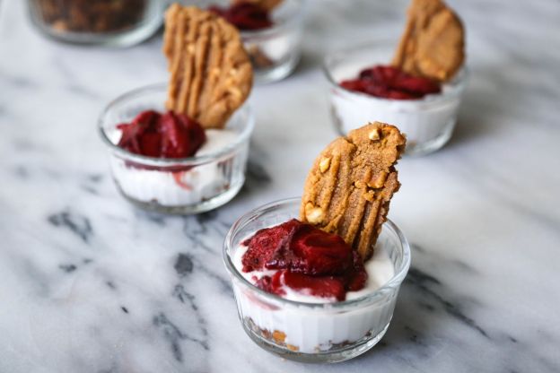 Peanut Butter Cookie Brittle Cups and Whiskey Roasted Strawberries