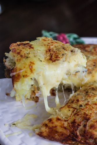 Three-cheese stuffed rosti potatoes