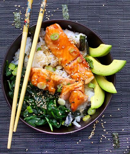 Teriyaki Salmon Rice Bowl with Spinach and Avocado