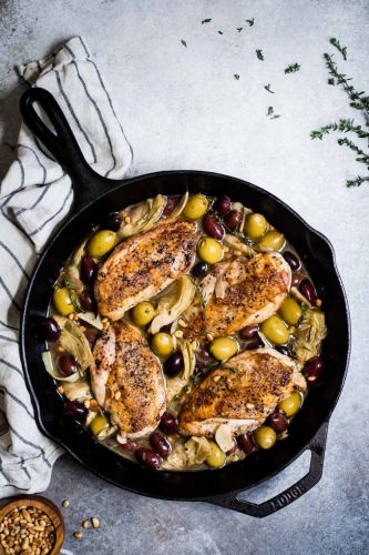 Garlic White Wine Skillet Chicken with Olives & Artichokes