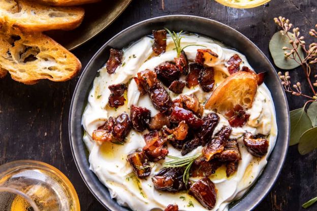 Whipped Goat Cheese with Warm Candied Bacon and Dates