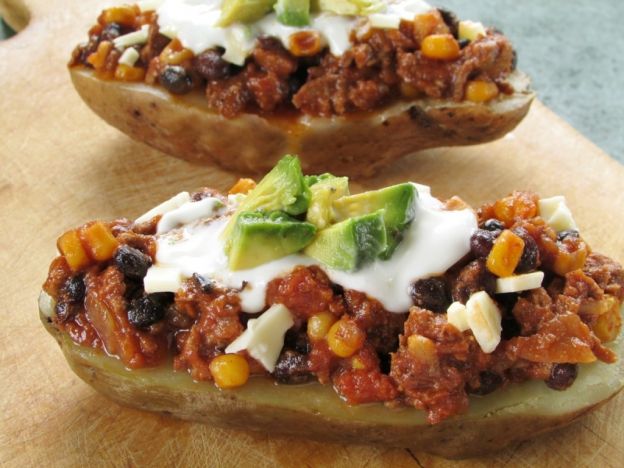 Black Bean Chili Con Carne Stuffed Baked Potatoes