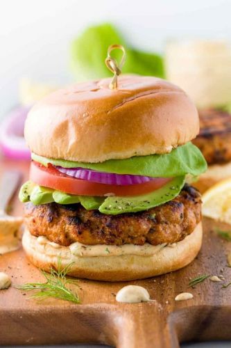 Salmon Burger with Lemon Dill Sauce