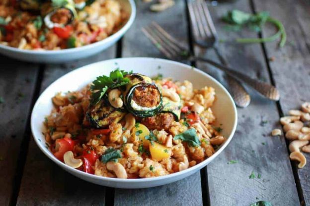 Curried Zucchini, Chicken and Goat Cheese Rolls with Cashew Mango Fried Rice