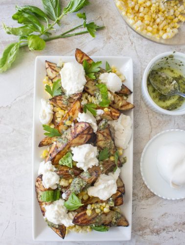 Grilled Garlic-Herb Potato Wedges With Corn, Pesto & Burrata