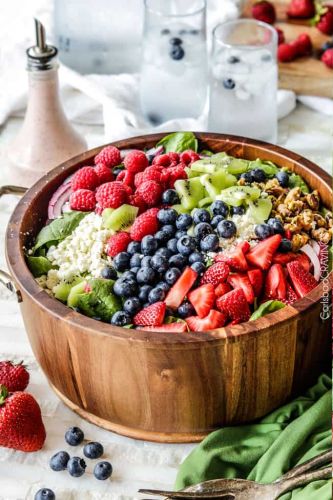 berry feta spinach salad with creamy strawberry poppy seed dressing