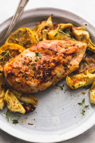 One Pan Baked Lemon Chicken and Artichokes