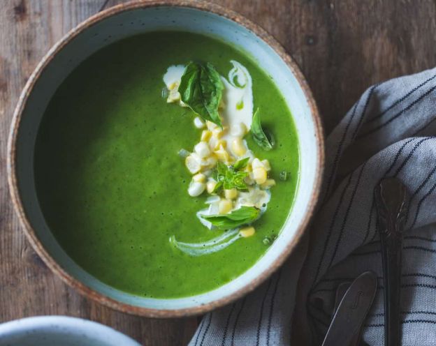 Zucchini Basil Soup with Creme Fraiche and Pickled Corn