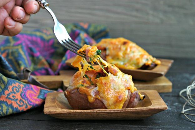 Leftover Ham Cheese and Spinach-Stuffed Sweet Potatoes