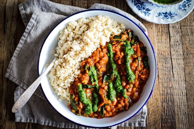 Red Lentil Coconut Curry with Cilantro Chutney