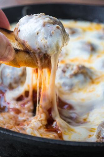 Cheesy Skillet Meatballs with Garlic Toast